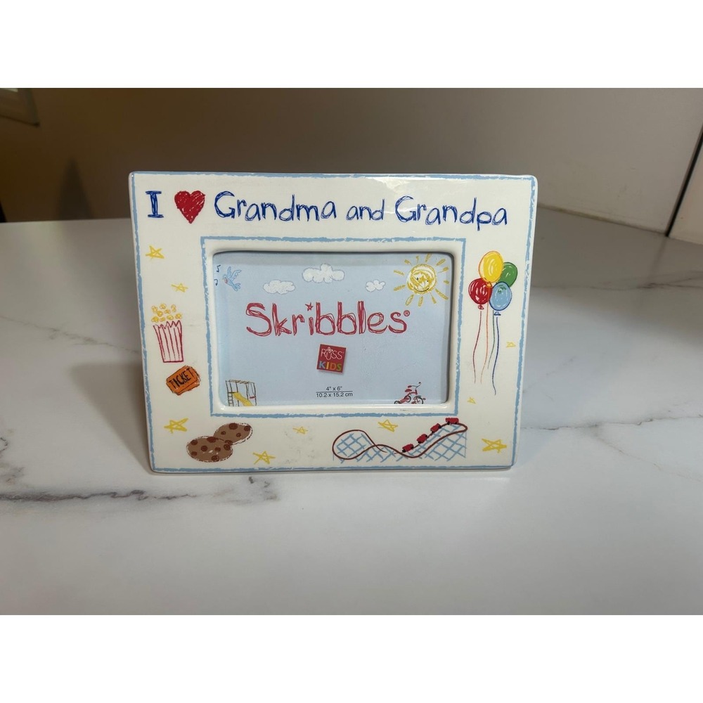 Russ Kids Skribbles I Love Grandma and Grandpa Ceramic 4x6 Picture Frame White